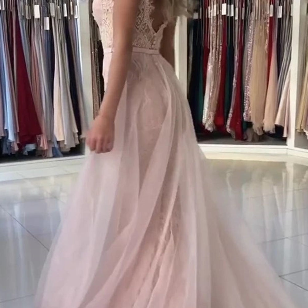 
                      
                        Mermaid V Neck Pink Lace Long Prom Dresses, Mermaid Pink Formal Dresses, Pink Lace Evening Dresses 
                      
                    