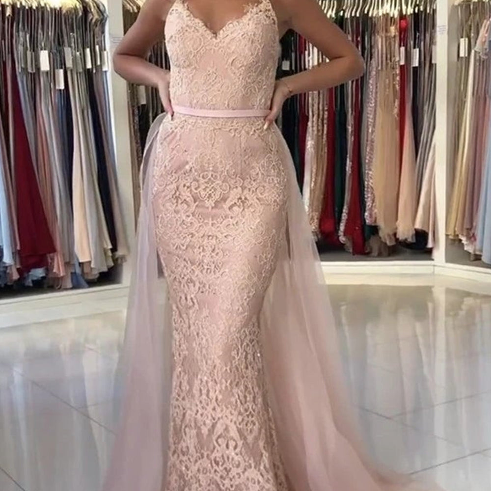 
                      
                        Mermaid V Neck Pink Lace Long Prom Dresses, Mermaid Pink Formal Dresses, Pink Lace Evening Dresses 
                      
                    