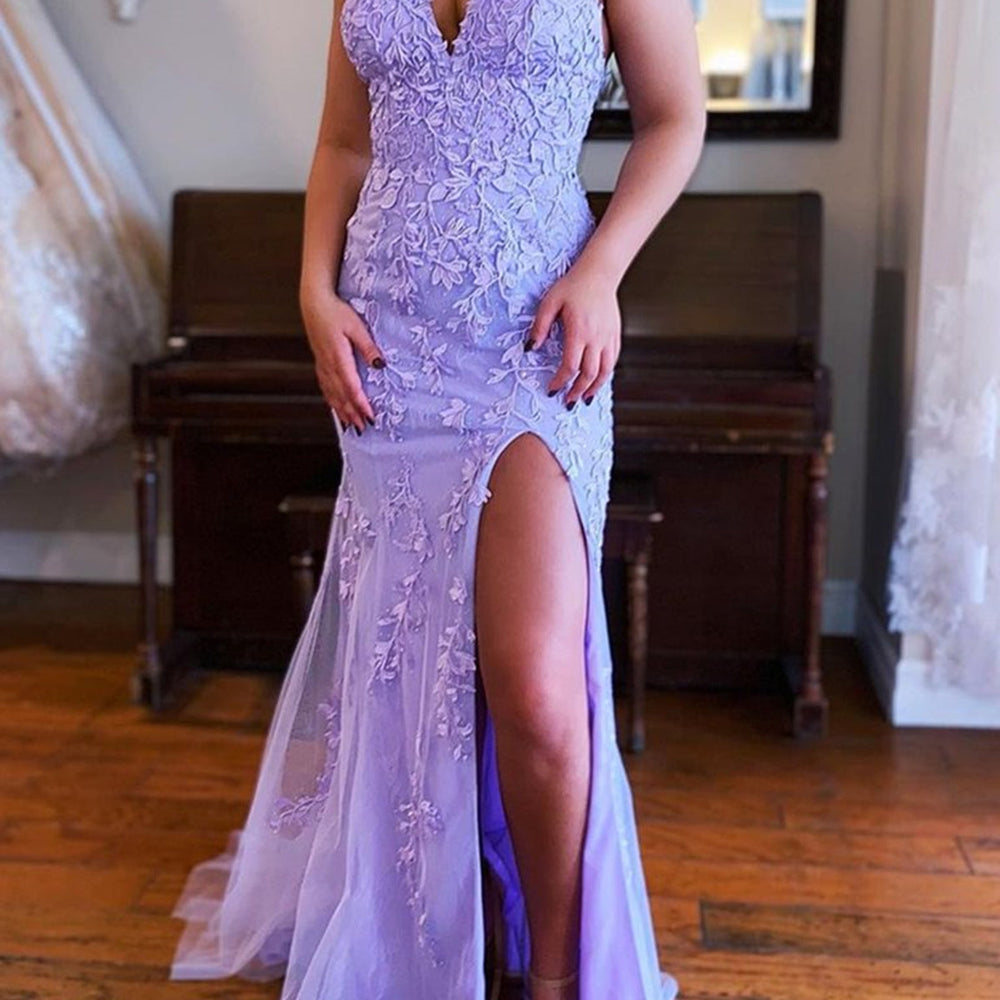 Mermaid V Neck Purple Lace Long Prom Dresses, Purple Lace Formal Dresses, Mermaid Purple Evening Dresses