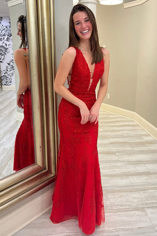 Mermaid V Neck Red Lace Long Prom Dress