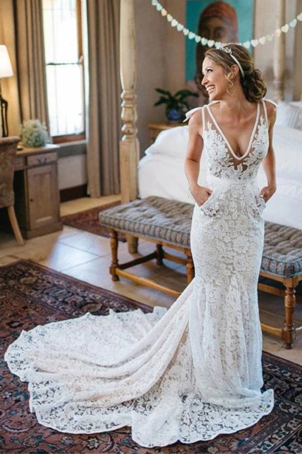 Mermaid V-neck Rose Lace Wedding Dress With Pocket