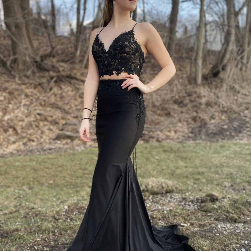 Mermaid V Neck Two Pieces Black Lace Long Prom Dresses, Mermaid Black Formal Dresses, 2 Pieces Black Evening Dresses