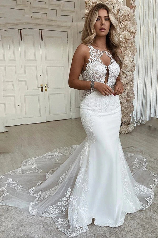 Mermaid Ivory Lace Wedding Dress Backless Bridal Gown