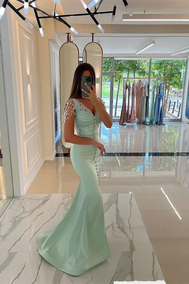 
                      
                        Mint Green Cap-Sleeve Prom Dress with Front Slit and Button Beads
                      
                    