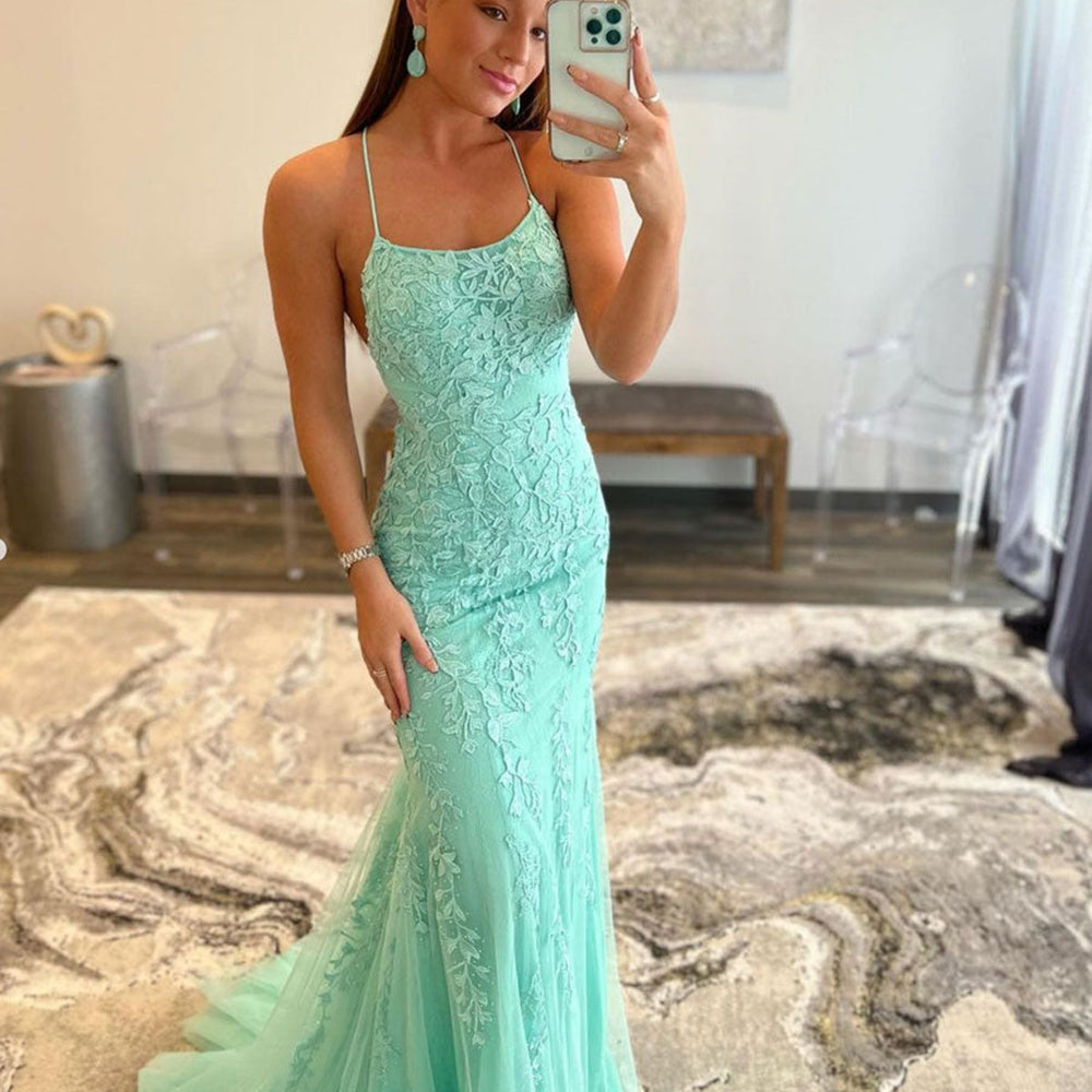 
                      
                        Mint Green Lace Mermaid Backless Long Prom Dresses, Mermaid Mint Green Formal Dresses, Mint Green Lace Evening Dresses 
                      
                    