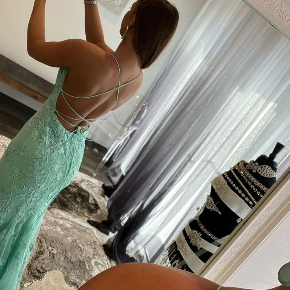 
                      
                        Mint Green Lace Mermaid Backless Long Prom Dresses, Mermaid Mint Green Formal Dresses, Mint Green Lace Evening Dresses 
                      
                    