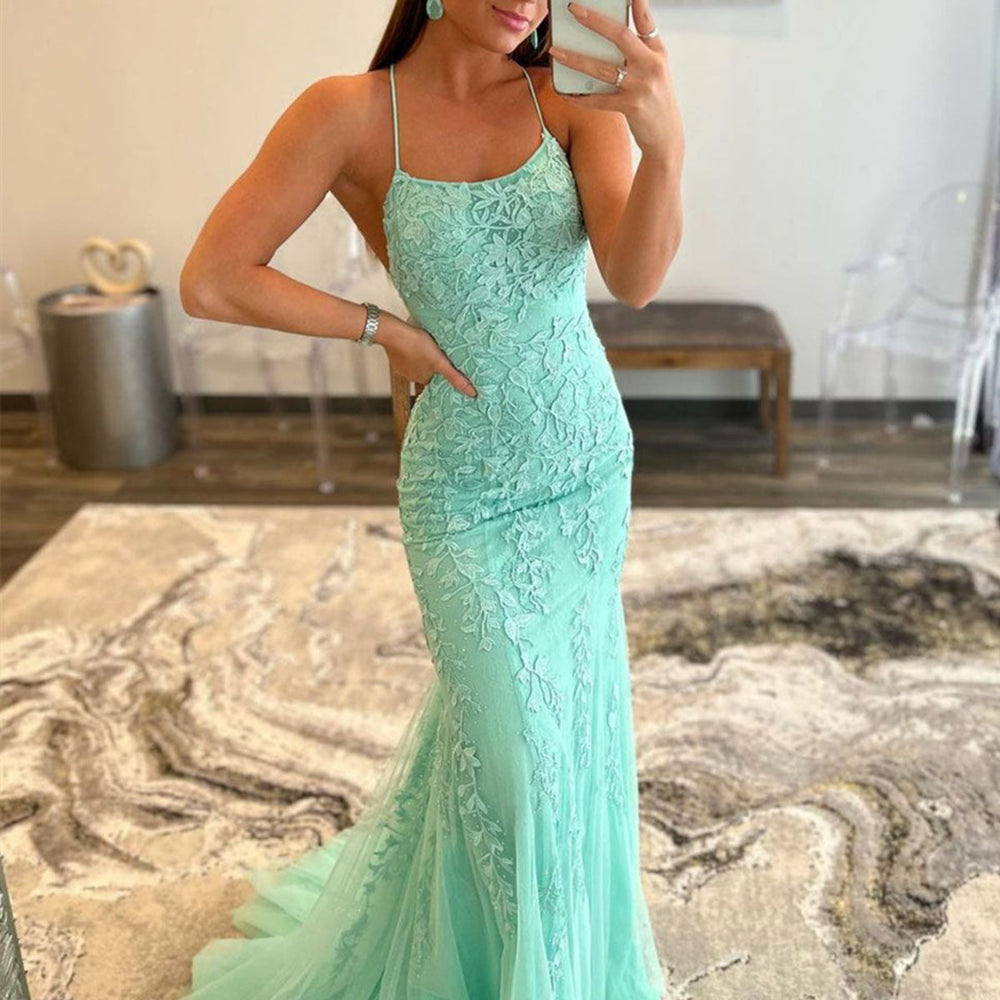 Mint Green Lace Mermaid Backless Long Prom Dresses, Mermaid Mint Green Formal Dresses, Mint Green Lace Evening Dresses 