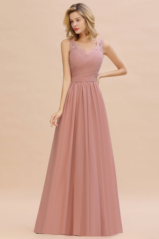 
                      
                        Modest Floral Lace A-line Bridesmaid Dress V-Neck Floor Length Ruched Chiffon Wedding Guest Dress - Dusty Pink / US 2 - Prom Dresses
                      
                    