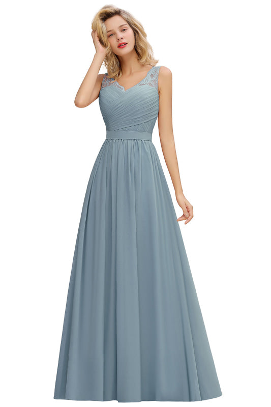 
                      
                        Modest Floral Lace A-line Bridesmaid Dress V-Neck Floor Length Ruched Chiffon Wedding Guest Dress - Dusty Blue / US 2 - Prom Dresses
                      
                    