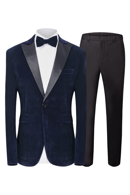 Blithe Formal Navy Blue Peaked Lapel Two Pieces Velvet Men Suits For Prom