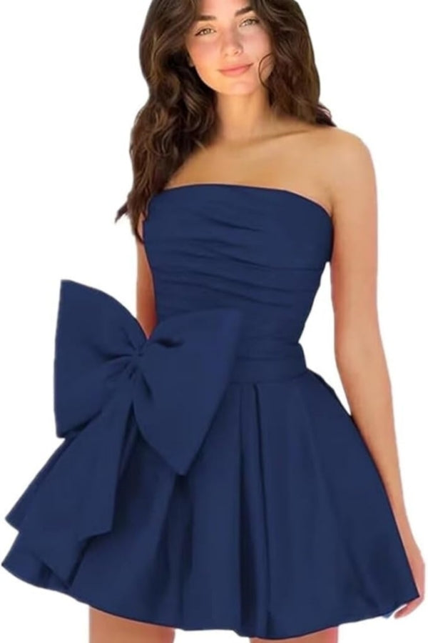 
                      
                        Sleeveless Ruched Short Homecoming Dresses Simple Mini Party Wear Dress with Bow
                      
                    