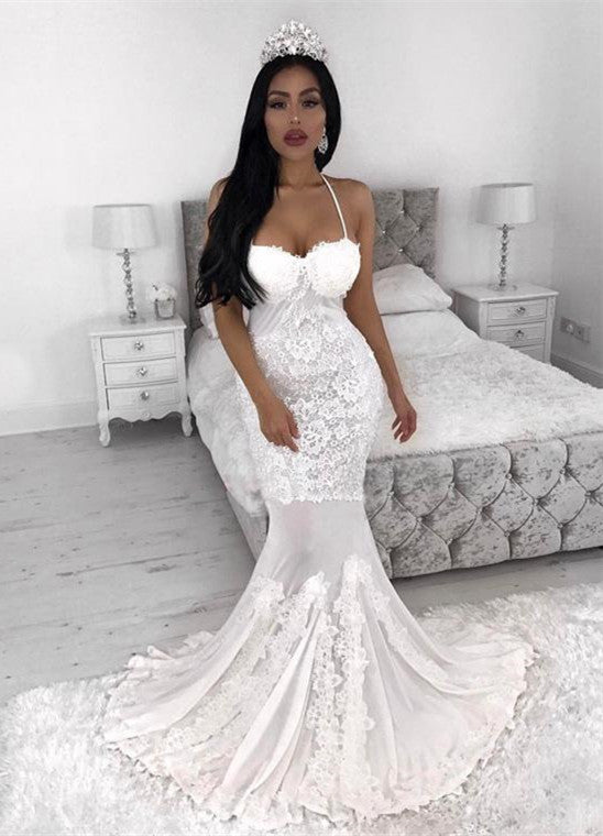 Newest White Lace Spaghetti Strap Wedding Dress | Bridal Gown