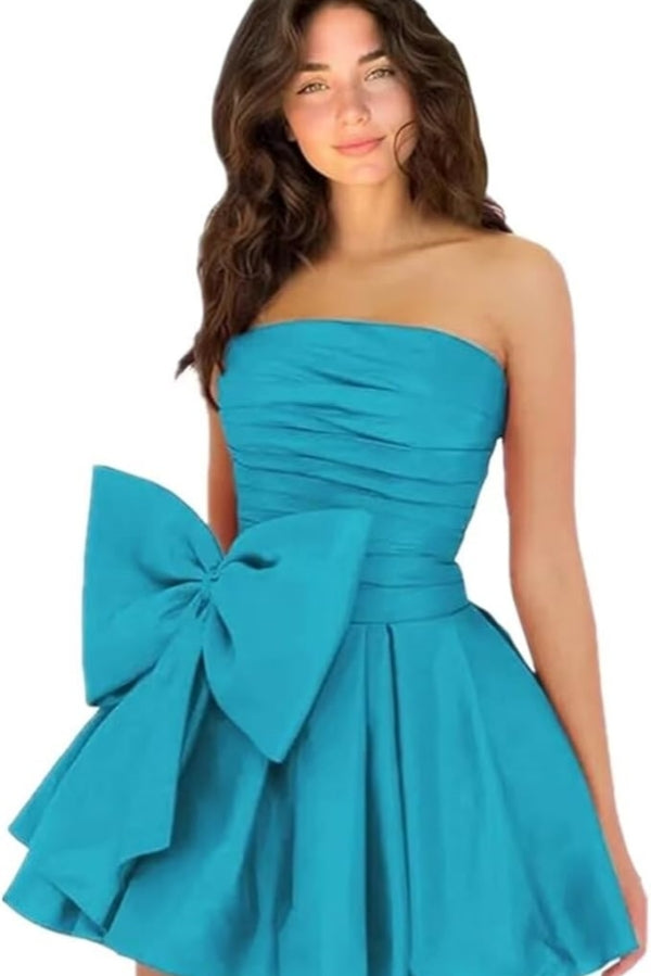 
                      
                        Sleeveless Ruched Short Homecoming Dresses Simple Mini Party Wear Dress with Bow
                      
                    