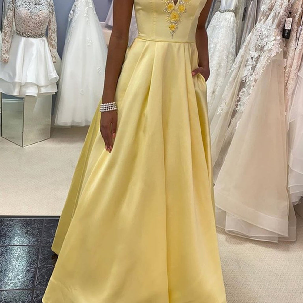 
                      
                        Off Shoulder 3D Flowers Yellow Satin Long Prom Dresses, Yellow Floral Formal Dresses, Yellow Evening Dresses
                      
                    