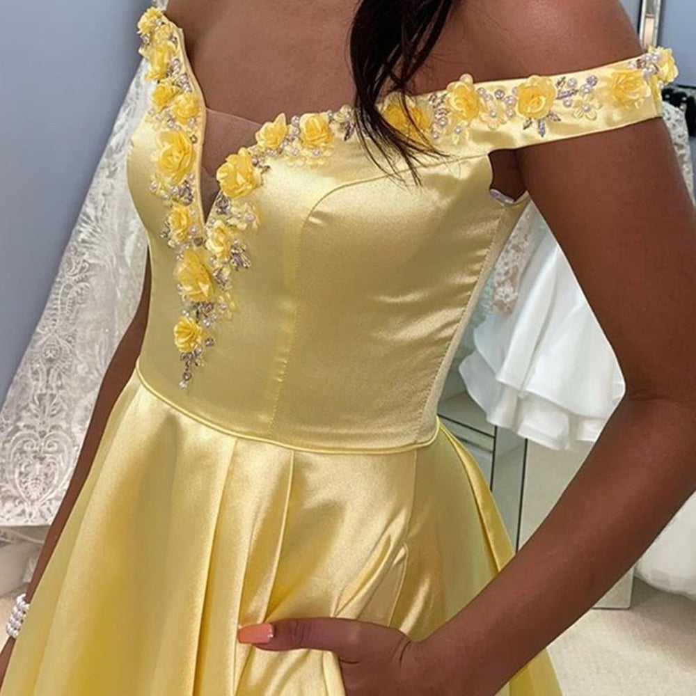 
                      
                        Off Shoulder 3D Flowers Yellow Satin Long Prom Dresses, Yellow Floral Formal Dresses, Yellow Evening Dresses
                      
                    