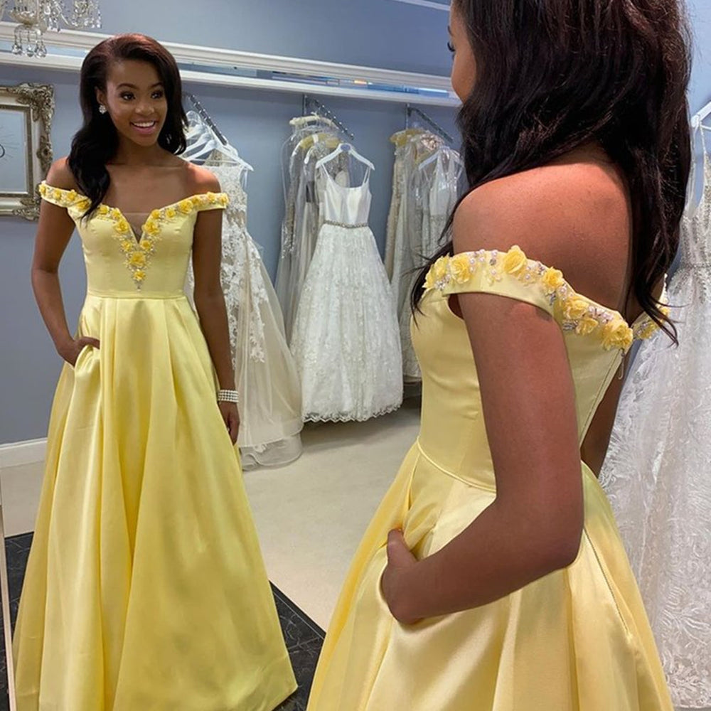 Off Shoulder 3D Flowers Yellow Satin Long Prom Dresses, Yellow Floral Formal Dresses, Yellow Evening Dresses