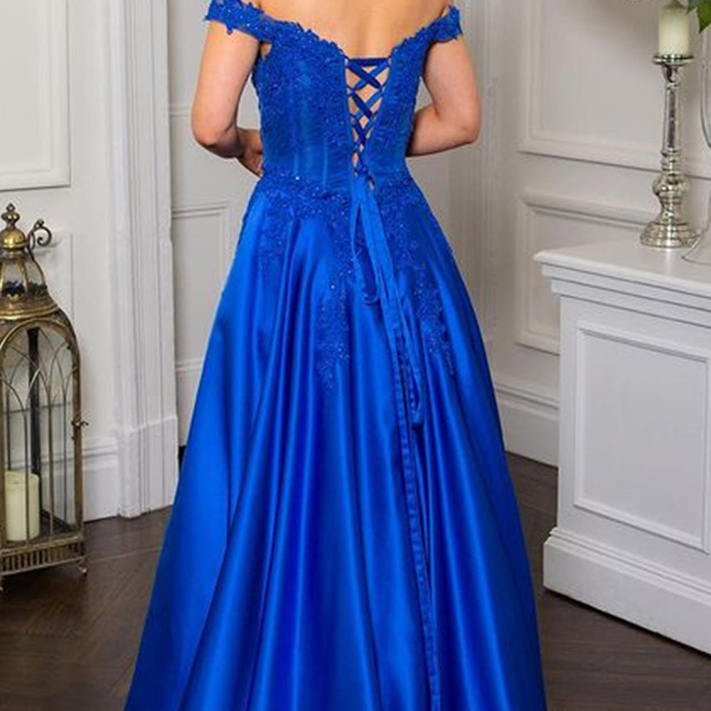 
                      
                        Off Shoulder Beaded Royal Blue Lace Long Prom Dresses, Royal Blue Lace Formal Graduation Evening Dresses 
                      
                    