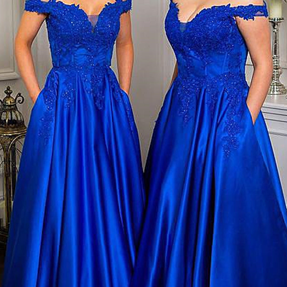 
                      
                        Off Shoulder Beaded Royal Blue Lace Long Prom Dresses, Royal Blue Lace Formal Graduation Evening Dresses 
                      
                    