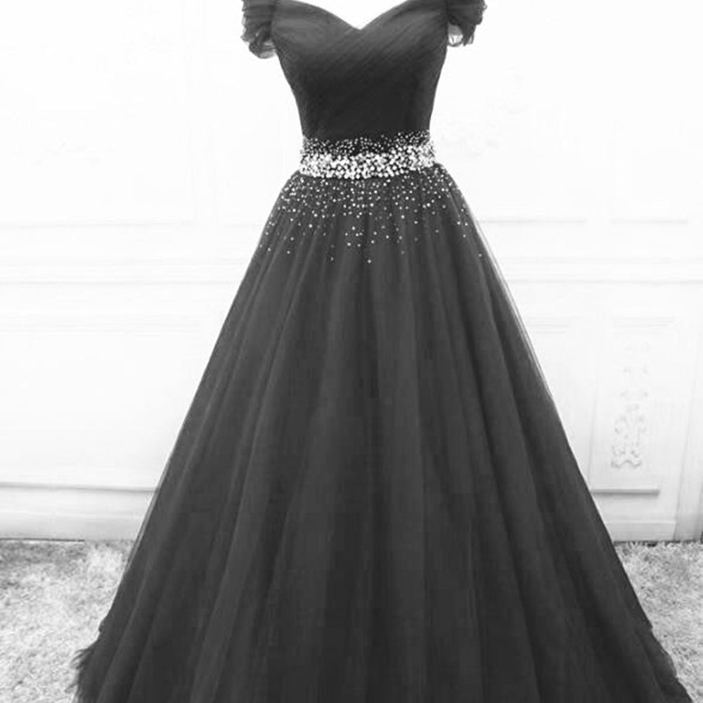 
                      
                        Off Shoulder Black Tulle Long Prom Dresses with Sequins, Off the Shoulder Black Formal Evening Dresses, Black Ball Gown 
                      
                    