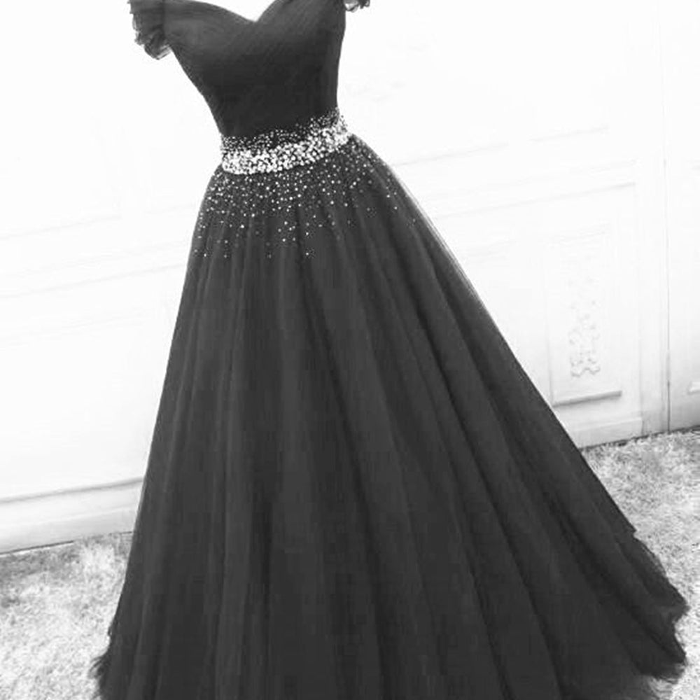 Off Shoulder Black Tulle Long Prom Dresses with Sequins, Off the Shoulder Black Formal Evening Dresses, Black Ball Gown 