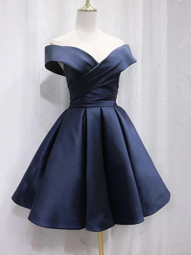 
                      
                        Off Shoulder Blue Satin Short Prom Dresses, Off the Shoulder Blue Formal Graduation Homecoming Dresses
                      
                    