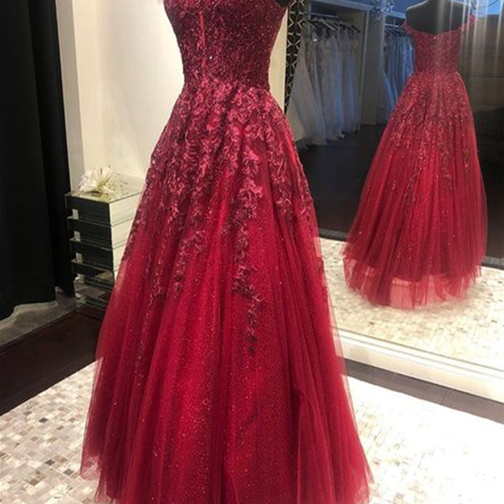 Off Shoulder Burgundy Lace Long Prom Dresses, Off the Shoulder Burgundy Formal Dresses, Burgundy Evening Dresses 