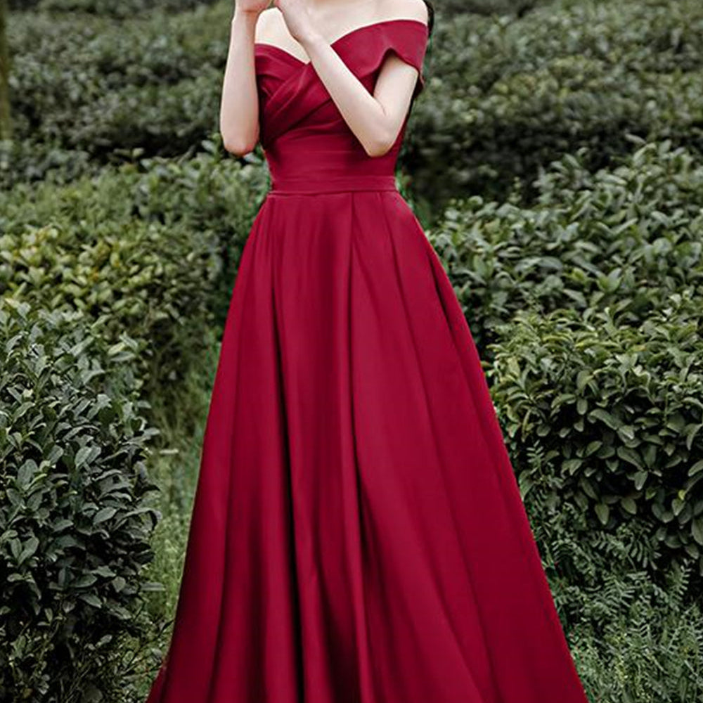 
                      
                        Off Shoulder Burgundy Satin Long Prom Dresses, Off the Shoulder Burgundy Formal Evening Dresses
                      
                    