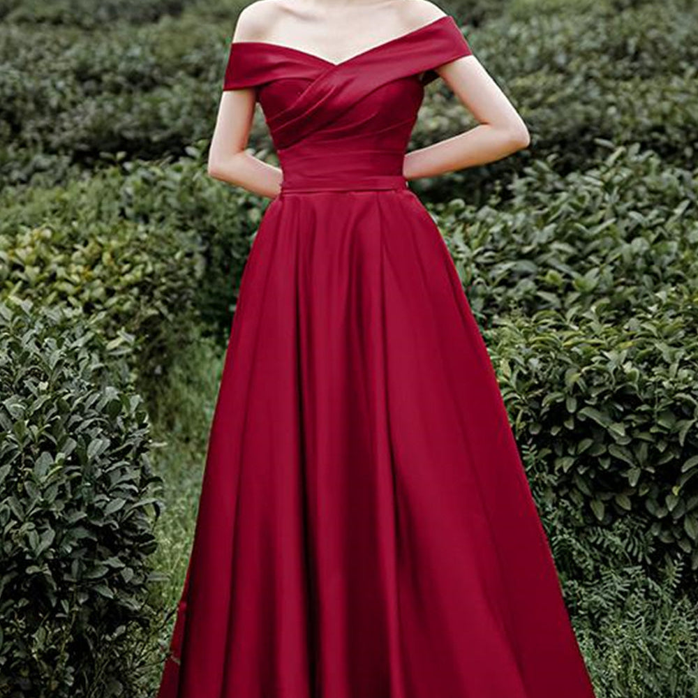 
                      
                        Off Shoulder Burgundy Satin Long Prom Dresses, Off the Shoulder Burgundy Formal Evening Dresses
                      
                    