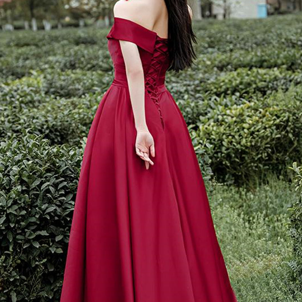 
                      
                        Off Shoulder Burgundy Satin Long Prom Dresses, Off the Shoulder Burgundy Formal Evening Dresses
                      
                    