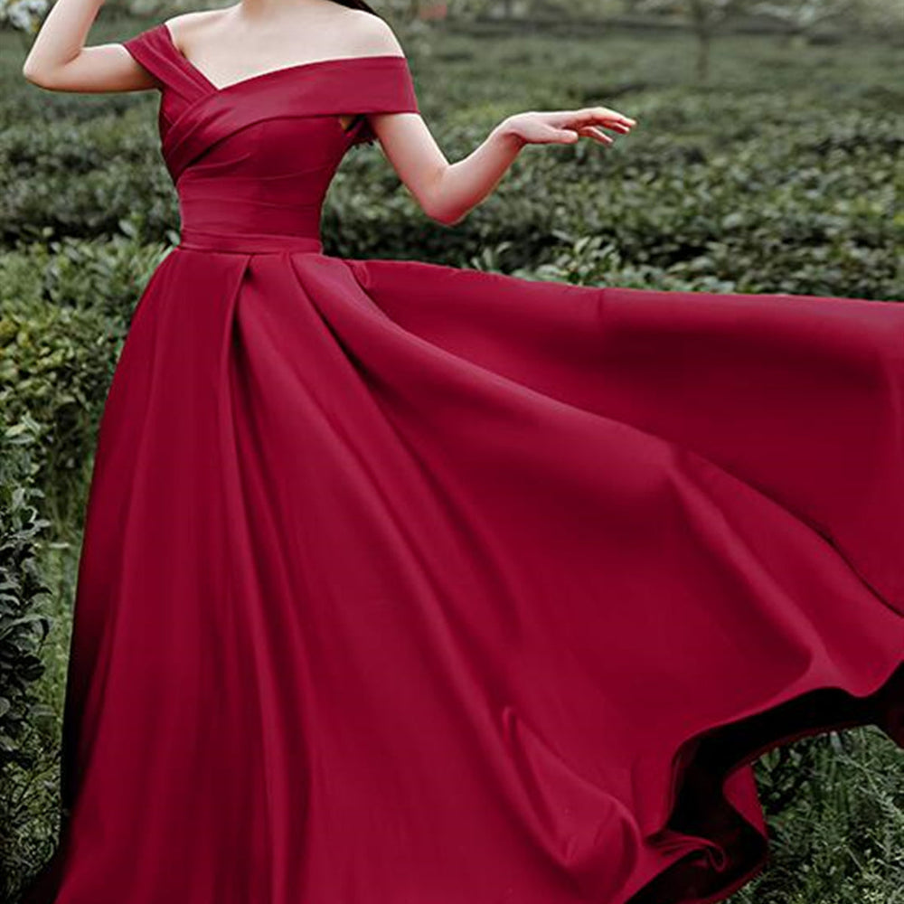 Off Shoulder Burgundy Satin Long Prom Dresses, Off the Shoulder Burgundy Formal Evening Dresses