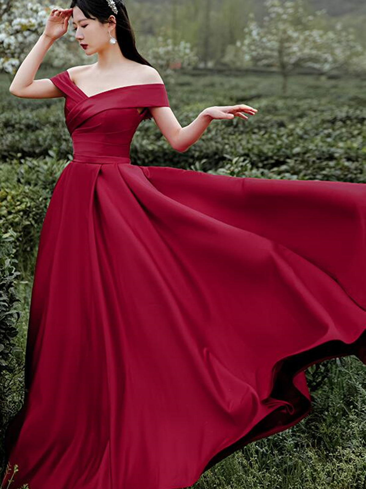 Off Shoulder Burgundy Satin Long Prom Dresses, Off the Shoulder Burgundy Formal Evening Dresses