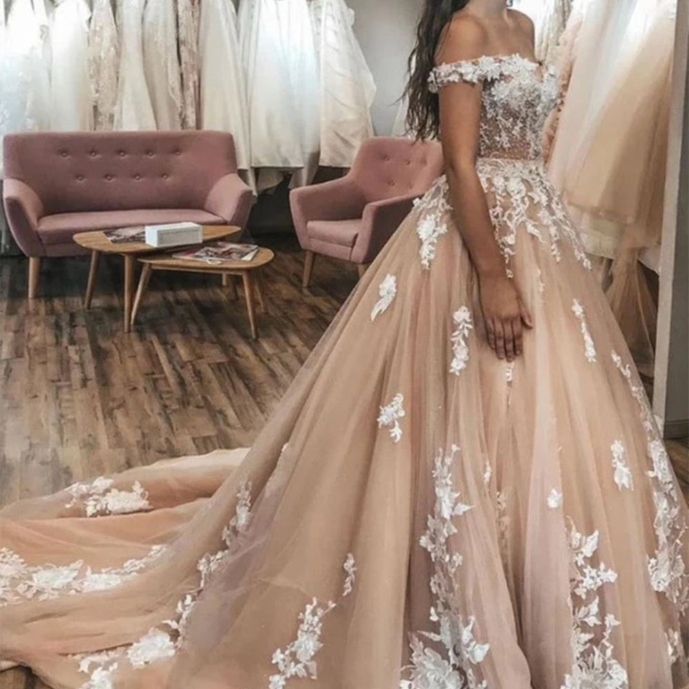 
                      
                        Off Shoulder Champagne Lace Long Prom Dresses, Champagne Lace Formal Dresses, Champagne Evening Dresses 
                      
                    