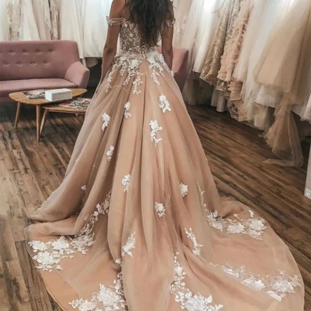 
                      
                        Off Shoulder Champagne Lace Long Prom Dresses, Champagne Lace Formal Dresses, Champagne Evening Dresses 
                      
                    