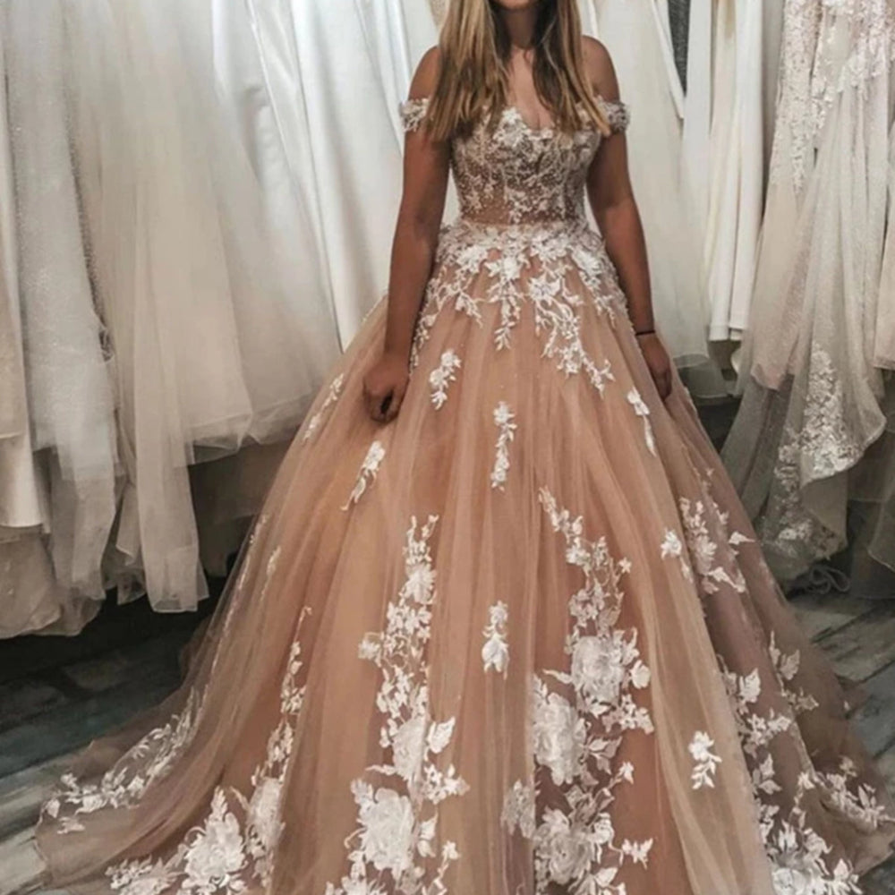 Off Shoulder Champagne Lace Long Prom Dresses, Champagne Lace Formal Dresses, Champagne Evening Dresses 