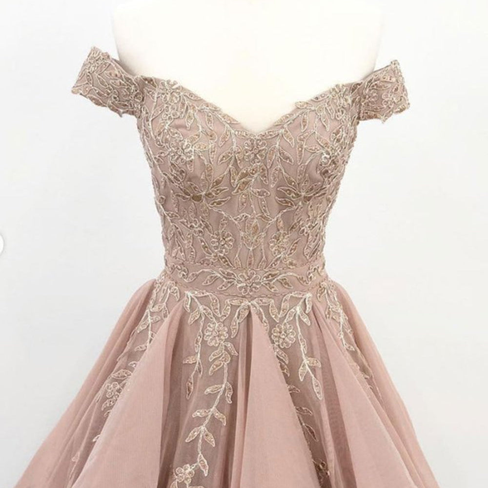 
                      
                        Off Shoulder Champagne Lace Long Prom Dresses, Off the Shoulder Champagne Formal Dresses, Champagne Lace Evening Dresses
                      
                    