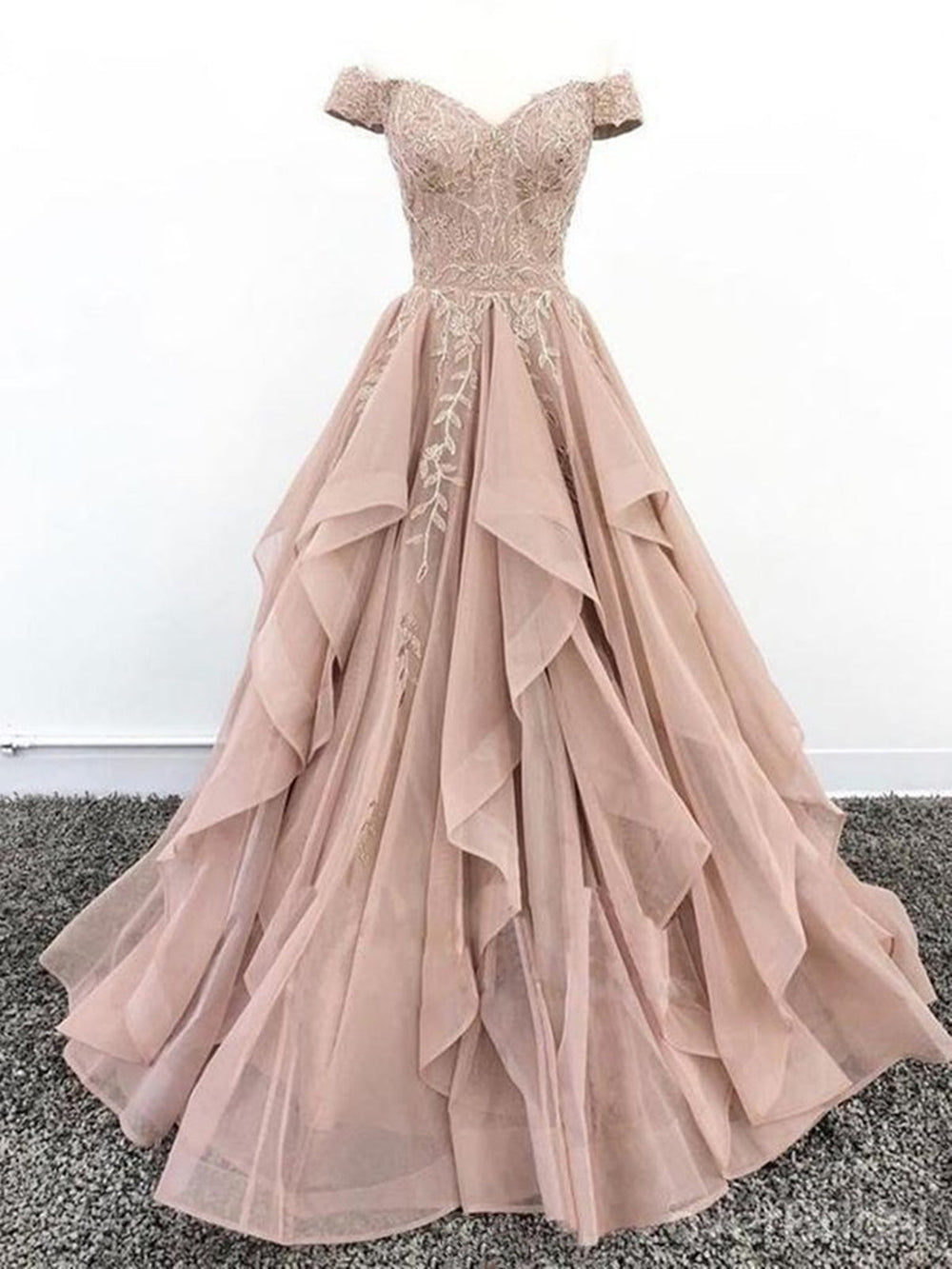 Off Shoulder Champagne Lace Long Prom Dresses, Off the Shoulder Champagne Formal Dresses, Champagne Lace Evening Dresses