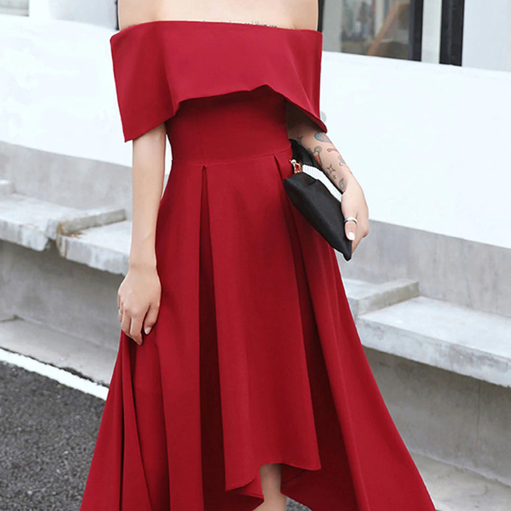 
                      
                        Off Shoulder High Low Burgundy Tea Length Prom Dresses, Off Shoulder Burgundy Formal Graduation Evening Dresses, Burgundy Homecoming Dresses 
                      
                    