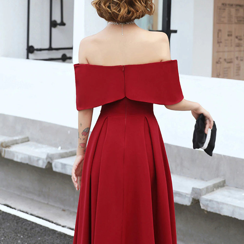 
                      
                        Off Shoulder High Low Burgundy Tea Length Prom Dresses, Off Shoulder Burgundy Formal Graduation Evening Dresses, Burgundy Homecoming Dresses 
                      
                    