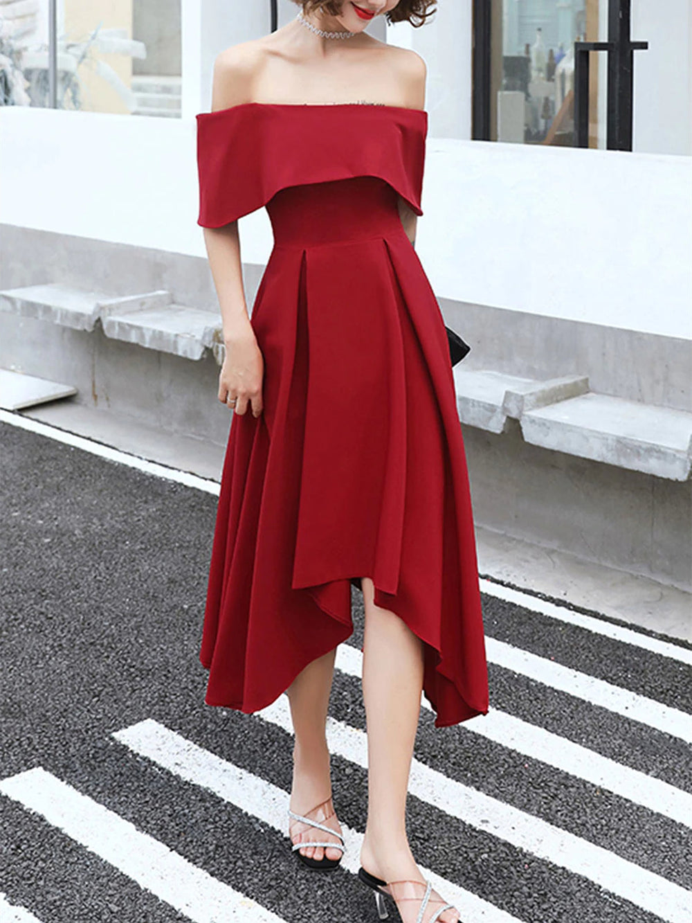 Off Shoulder High Low Burgundy Tea Length Prom Dresses, Off Shoulder Burgundy Formal Graduation Evening Dresses, Burgundy Homecoming Dresses 