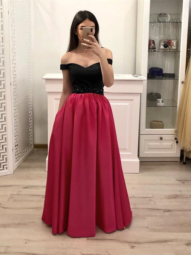 Off Shoulder Hot Pink Satin Black Top Long Prom Dresses with Pockets, Off Shoulder Formal Dresses Graduation Dresses Evening Dresses