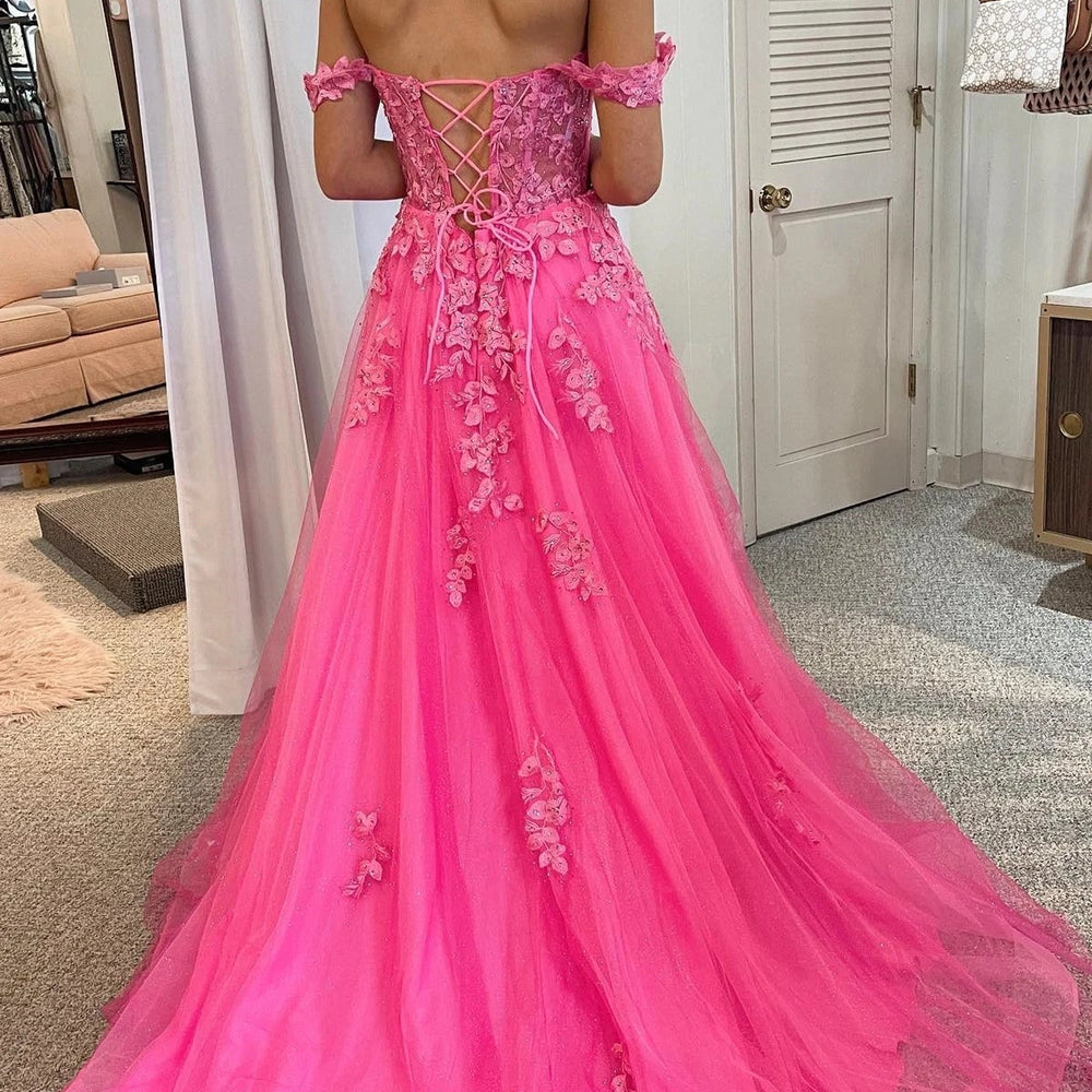 
                      
                        Off Shoulder Hot Pink Tulle Lace Long Prom Dresses with High Slit, Hot Pink Lace Formal Graduation Evening Dresses 
                      
                    