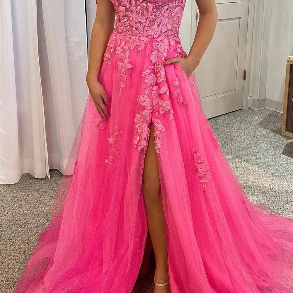 Off Shoulder Hot Pink Tulle Lace Long Prom Dresses with High Slit, Hot Pink Lace Formal Graduation Evening Dresses 