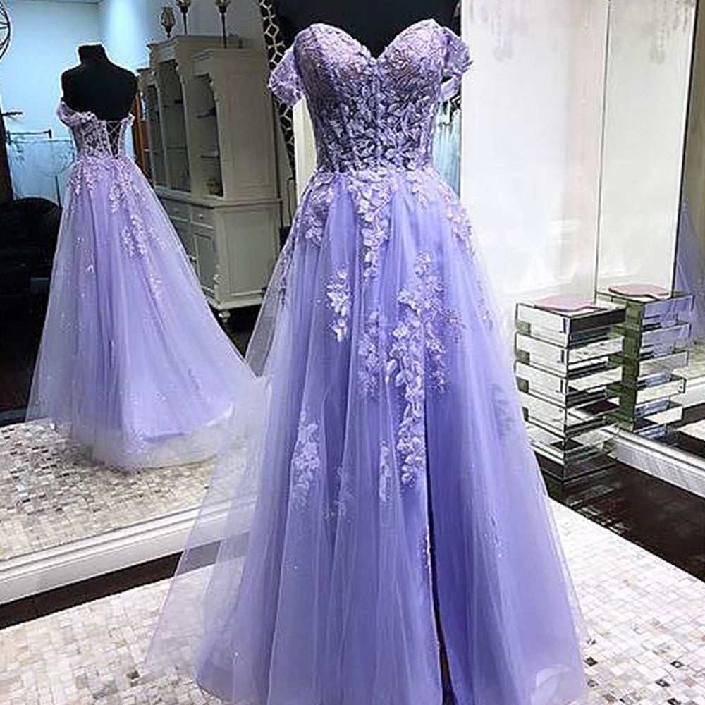 Off Shoulder Lavender Lace Long Prom Dresses, Lilac Lace Formal Dresses, Purple Evening Dresses 