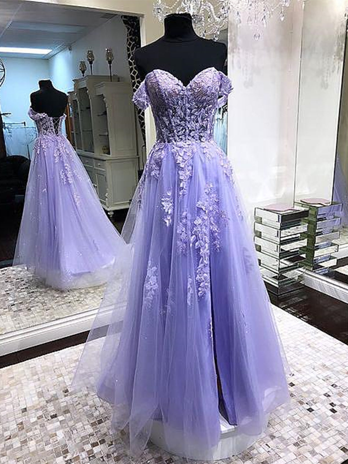 Off Shoulder Lavender Lace Long Prom Dresses, Lilac Lace Formal Dresses, Purple Evening Dresses 