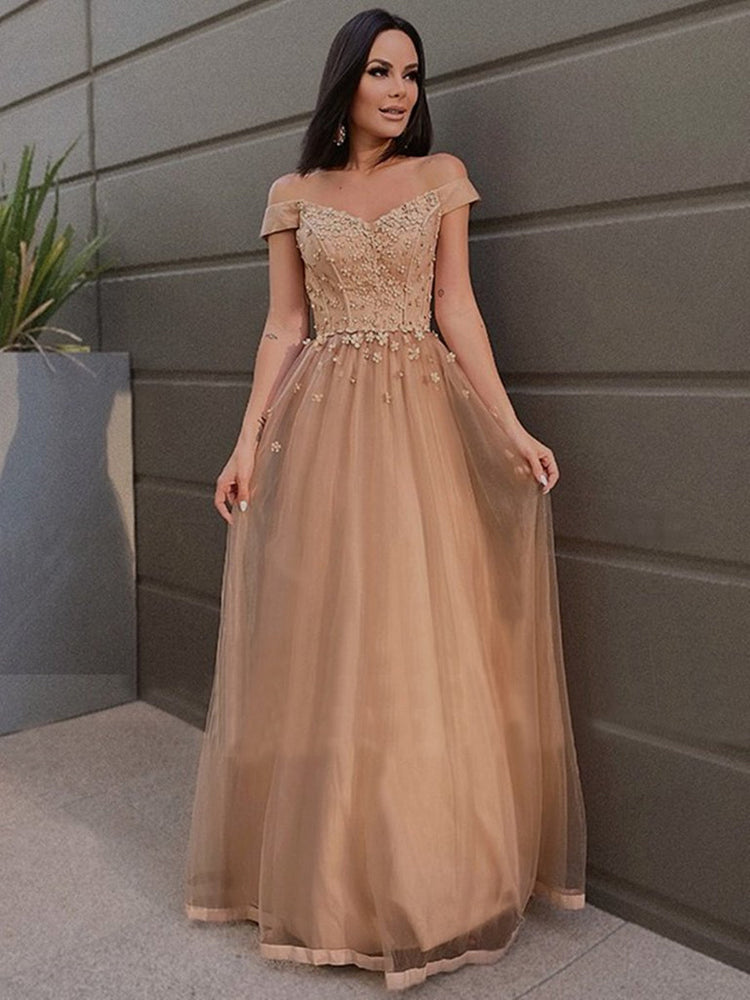 
                      
                        Off Shoulder Long Champagne Tulle Lace Prom Dresses, Off the Shoulder Champagne Formal Dresses, Champagne Lace Evening Dresses
                      
                    