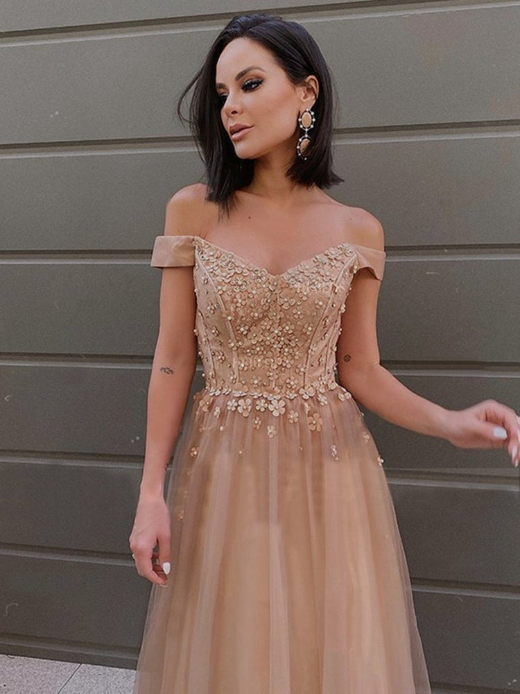 
                      
                        Off Shoulder Long Champagne Tulle Lace Prom Dresses, Off the Shoulder Champagne Formal Dresses, Champagne Lace Evening Dresses
                      
                    