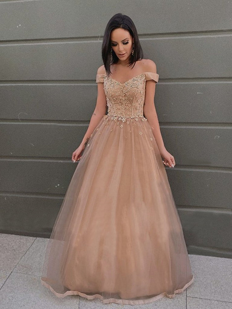 Off Shoulder Long Champagne Tulle Lace Prom Dresses, Off the Shoulder Champagne Formal Dresses, Champagne Lace Evening Dresses