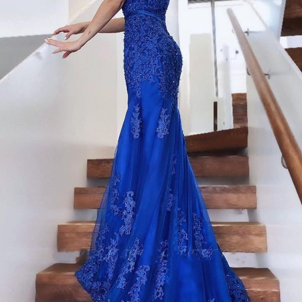 
                      
                        Off Shoulder Mermaid Blue Lace Long Prom Dresses, Blue Lace Formal Dresses, Mermaid Blue Evening Dresses 
                      
                    