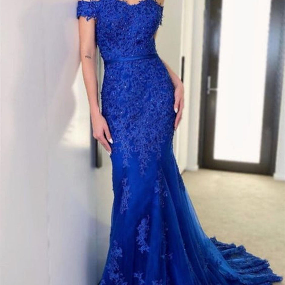 
                      
                        Off Shoulder Mermaid Blue Lace Long Prom Dresses, Blue Lace Formal Dresses, Mermaid Blue Evening Dresses 
                      
                    