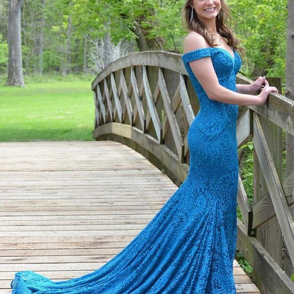 
                      
                        Off Shoulder Mermaid Blue Lace Long Prom Dresses, Mermaid Blue Formal Dresses, Blue Lace Evening Dresses 
                      
                    